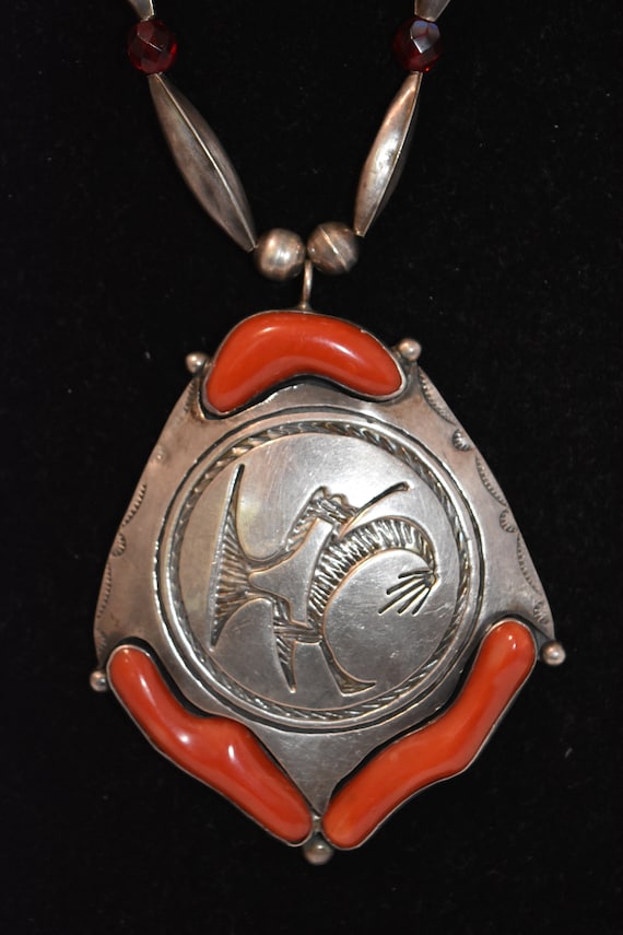 Huge Thicker Vintage Native American Navajo Teardrop Coral Sterling Silver Ring Old Huge Thicker Vintage Native American Navajo Teardrop Coral Sterling Silver Ring Old