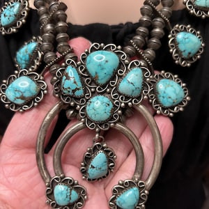 Spectacular Vintage Navajo Number 8 Turquoise Squash Blossom Necklace 175 Grams