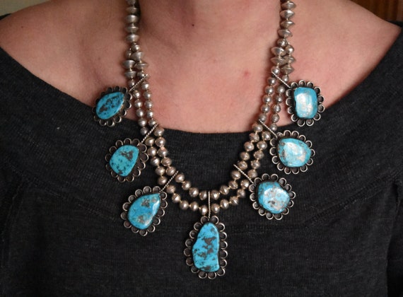 Stunning Vintage Navajo Morenci Turquoise Squash … - image 5