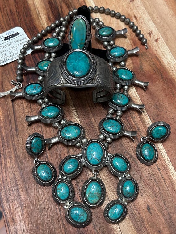navajodreams Vintage Navajo Ed Kee Rare Hachita GreenTurquoise Squash Blossom Necklace Bracelet Earrings and Ring Set Gorgeous