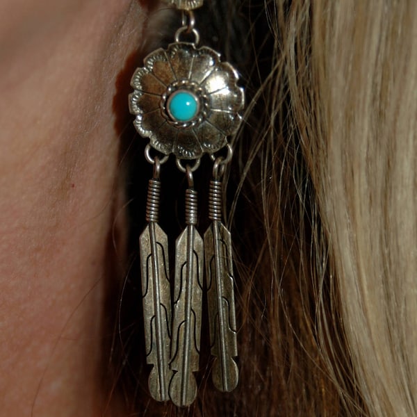 Vintage Sterling Navajo Nakai Sleeping Beauty Turquoise Squash Blossom Flower Chandelier Dangle Long Feather Earrings 3" Long