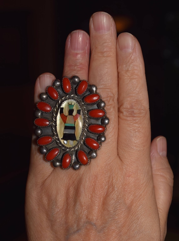 Huge Vintage Zuni Kachina Dancer Turquoise Coral Native American Jewelry Silver Ring Old Huge Vintage Zuni Kachina Dancer Turquoise Coral Native American Jewelry Silver Ring Old