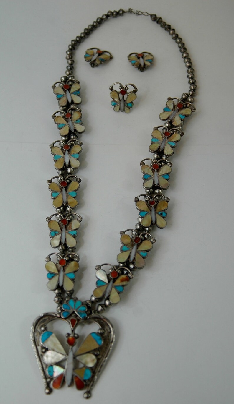 Rare Old Zuni Butterfly Turquoise Squash Blossom Necklace Etsy