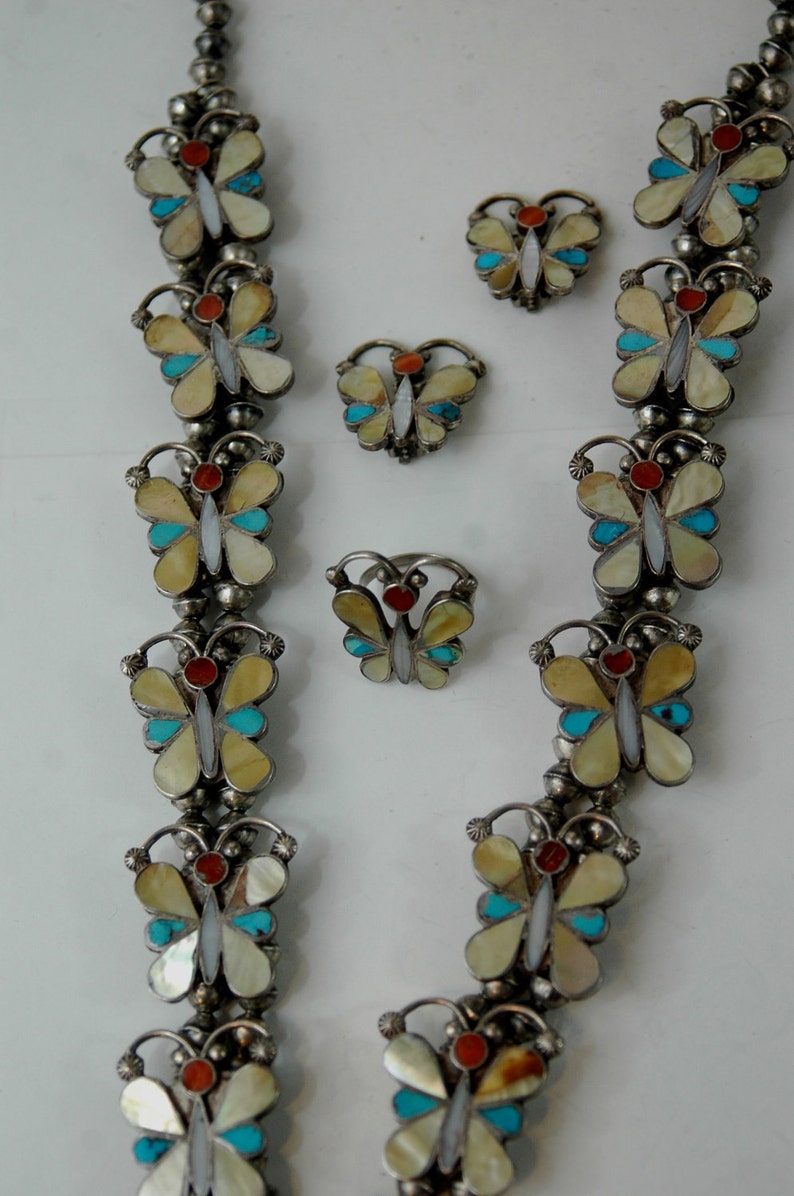 Rare Old Zuni Butterfly Turquoise Squash Blossom Necklace Etsy