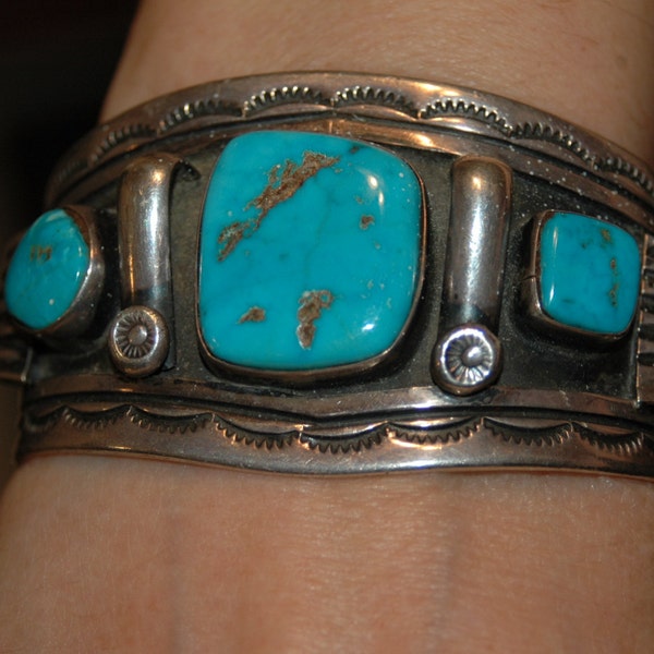 Beautiful Old Navajo Joe Kee Blue Gem Turquoise Sterling Bracelet 80 Grams Hallmarked