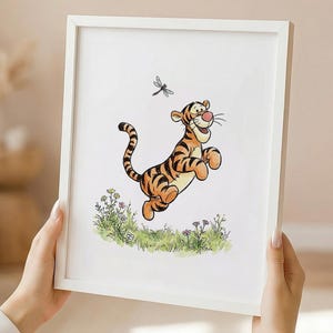 Colorized Classic Tigger Print, Storybook Kinderzimmer Digital, Vintage Bouncing Tigger Wandkunst, Spielzimmerdekor, Hundred Accre Wood Meadow Art