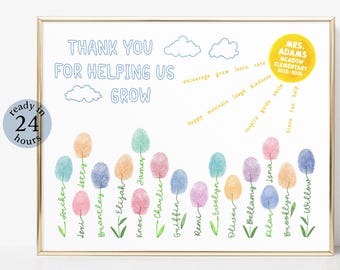 May include: A framed print with the text "THANK YOU FOR HELPING US GROW" and colorful thumbprint flowers. The print includes names and a yellow circle with text. The words "ready in 24 hours" are also visible.