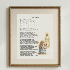 May include: Framed art print featuring a poem titled "EXPLAINED" with an illustration of a girl and Jesus. The artwork is in a gold-colored frame. The poem is in black text on a white background.