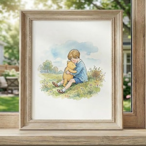 Lámina clásica de Winnie the Pooh, Christopher Robin abrazando a Pooh, arte mural vintage a color para guardería, decoración infantil de cuento, regalo de amistad imprimible