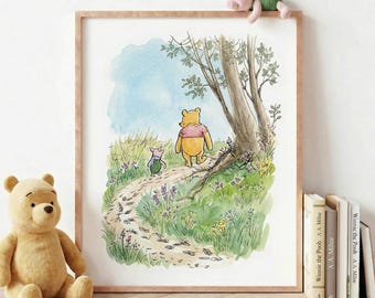 Colorisierte Sommerwald-Kunst, Pooh & Piglet-Wanderweg, Grünes Waldkinderzimmer, Bester Freund-Druck, Vintage Pastellskizze, Natur-Kinderzimmer