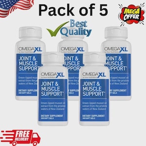 May include: A pack of five white supplement bottles with blue labels. The labels read "OMEGAXL JOINT & MUSCLE SUPPORT" and include text about green-lipped mussel oil. The image also includes "Best Quality" text.