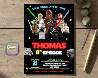 Building Blocks Galaxy Invitation, You Are Invited to a Space Brick Party Invite, Block Figure Heroes Bricks Kids Party Template