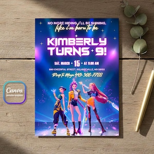 May include: A rectangular birthday invitation card featuring a blue and purple spotlight background with three animated characters. The text reads: NO MORE HIDING, I'LL BE SHINING, like i'm born to be, KIMBERLY TURNS 9!, SAT, MARCH 15 AT 11:00 AM, 890 CHEERFUL STREET, DELIGHTVILLE, ND 58102, Rsvp to Maya 445-566-7788.