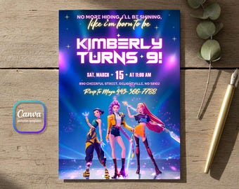 Kpop Demon Hunters Birthday Invitation, Editable K-pop Party Invite, BTS Themed Digital Card, Demon Huntrix Birthday Party Decor for Fans