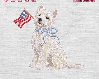 West Highland Terrier Patriotic Embroidery Design, West Highland White Terrier with American Flag, 4th of July Dog Embroidery File, 5 Sizes