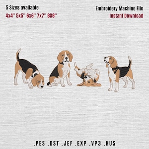 Pode incluir: Um arquivo de máquina de bordar com quatro cães beagle em várias posições: um farejando o chão, um sentado, um rolando de costas e um em pé. O texto inclui 5 Sizes available, 4x4 5x5 6x6 7x7 8x8, Embroidery Machine File, Instant Download, .PES .DST .JEF .EXP .VP3 .HUS.