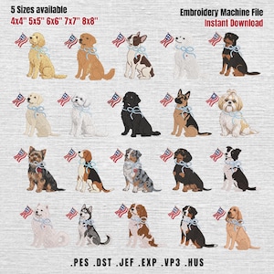 May include: An embroidery machine file showcasing different dog breeds, each with a small American flag and a bow. Available in five sizes: 4x4", 5x5", 6x6", 7x7", and 8x8". The file is an instant download.