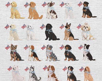 Set 20 Patriotic Dog Embroidery Designs,  Dog with American Flag Embroidery File, 4th of July Dog Embroidery, 5 Sizes, Instant Download
