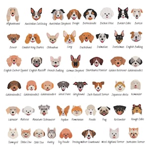 Puede incluir: Una colección de retratos de razas de perros bordados dispuestos en una cuadrícula, cada uno etiquetado con su nombre. La imagen muestra varias caras caninas, incluyendo el galgo afgano, beagle, corgi, dálmata y caniche.