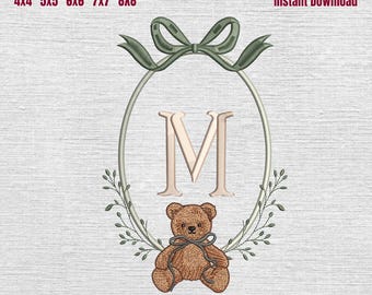 Teddy Bear Monogram Frame Embroidery Design, Baby Boy Nursery Frame with Bear, Machine Embroidery File , 5 Size, Instant Download
