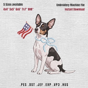 May include: An embroidery machine file depicting a dog with an American flag. The dog is white, black, and brown, with a blue ribbon and flag. Text includes "5 Sizes available" and "Embroidery Machine File Instant Download". The available sizes are 10.16cm x 10.16cm, 12.7cm x 12.7cm, 15.24cm x 15.24cm, 17.78cm x 17.78cm, and 20.32cm x 20.32cm.