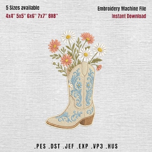 May include: An embroidery machine file featuring a beige cowboy boot filled with daisies and other flowers. The boot has blue floral embroidery. Text at the top says "5 Sizes available" and "Embroidery Machine File Instant Download."
