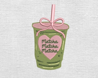 Coquette Matcha Embroidery File, Aesthetic Drink with Bow, Trendy Cafe Style Matcha Cup, Cute Machine Embroidery Digital Download, 5 sizes