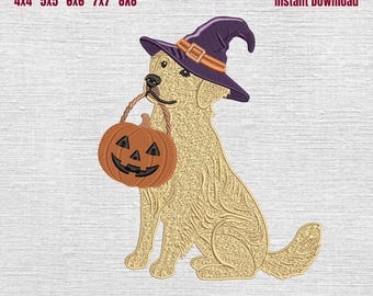 May include: An embroidery machine file design featuring a golden dog wearing a purple witch hat with an orange band, holding an orange jack-o'-lantern pumpkin in its mouth. Text includes 5 Sizes available 4x4 5x5 6x6 7x7 8x8, Embroidery Machine File, Instant Download, and file formats PES, DST, JEF, EXP, VP3, HUS.