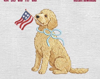 Goldendoodle Patriotic Embroidery Design, Goldendoodle with American Flag Embroidery Machine File, 4th of July Dog Embroidery File, 5 Sizes