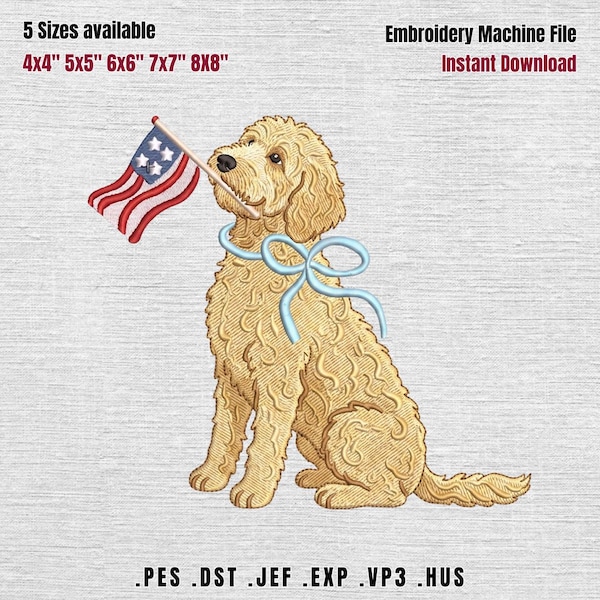 Goldendoodle Flagge Stickerei, Goldendoodle Stickmuster, 4th of Jul Hund Stickdatei, 5 Größen