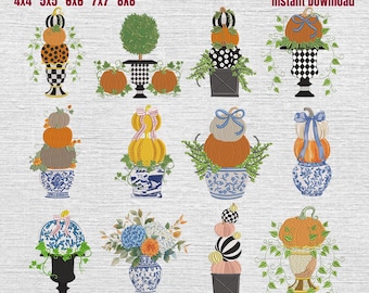 Set 12 Pumpkin Topiary Embroidery Designs, Blue Chinoiserie Pumpkin Vase Embroidery File, Checkered Pumpkin Bow Machine File, Fall Season