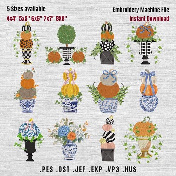 Set 12 Pumpkin Topiary Embroidery Designs, Blue Chinoiserie Pumpkin Vase Embroidery File, Checkered Pumpkin Bow Machine File, Fall Season