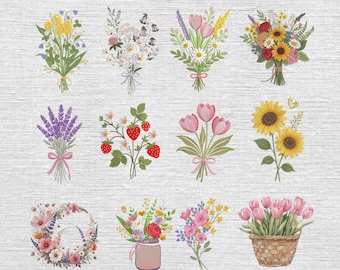 Conjunto de 12 diseños de bordado de ramos de flores silvestres, paquete de bordado de ramos de pradera floral, bordado a máquina con patrón floral, 5 tamaños.
