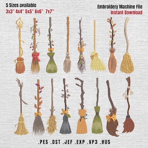 May include: An embroidery machine file featuring sixteen distinct witch broom designs in various styles, colors, and textures. Text includes 5 Sizes available 3x3 4x4 5x5 6x6 7x7, Embroidery Machine File, Instant Download, and file formats PES DST JEF EXP VP3 HUS.