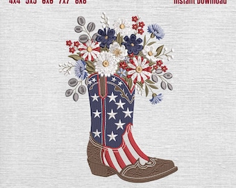 4th of July Cowboy Boots Embroidery Designs, America Cowboy Boots Embroidery File, Patriotic Floral Boots Stitchs, 5 sizes