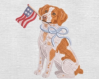 Brittany Spaniel Patriotic Embroidery Design, Brittany Spaniel with American Flag Machine File, 4th of July Dog Embroidery File, 5 Sizes