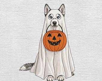 Husky Ghost Embroidery Designs, Halloween Dog Embroidery File, Ghost Dog Pumpkin Embroidery, Trick Or Treat Pet Pes Dst, 5 sizes