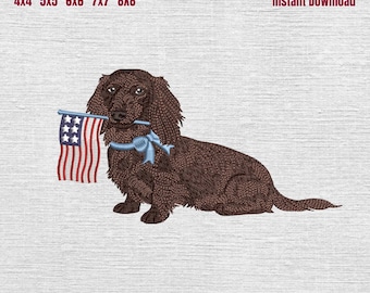Long Hair Dachshund Patriotic Embroidery Design, Dachshund with American Flag Machine File, 4th of July Dog Embroidery File, 5 Sizes