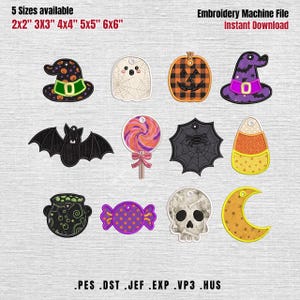 May include: An embroidery machine file featuring twelve Halloween-themed designs including hats, a ghost, a pumpkin, a bat, a lollipop, a spider web, candy corn, a cauldron, wrapped candy, a skull, and a moon. Text reads 5 Sizes available 2x2 3x3 4x4 5x5 6x6.