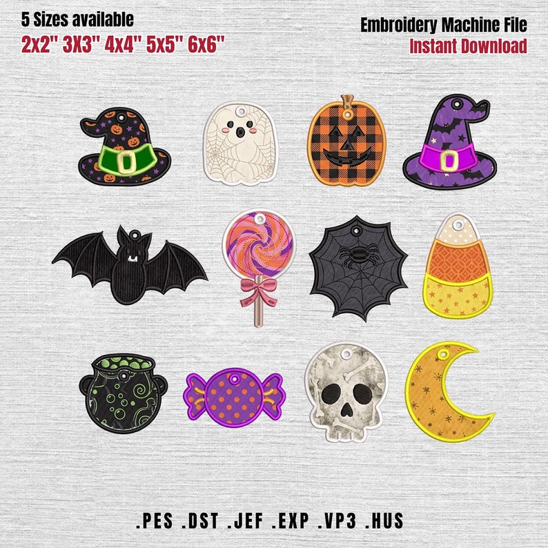 May include: An embroidery machine file featuring twelve Halloween-themed designs including hats, a ghost, a pumpkin, a bat, a lollipop, a spider web, candy corn, a cauldron, wrapped candy, a skull, and a moon. Text reads 5 Sizes available 2x2 3x3 4x4 5x5 6x6.