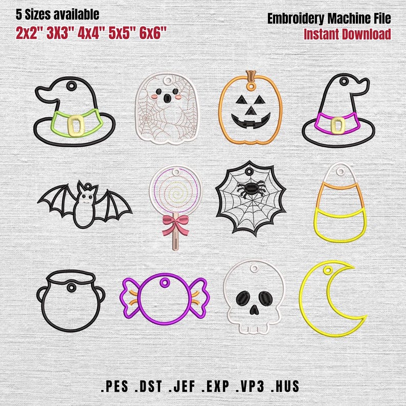 May include: A digital embroidery machine file set featuring twelve Halloween-themed outlines including a witch hat, ghost, pumpkin, bat, lollipop, spider web, candy corn, cauldron, wrapped candy, skull, and crescent moon with 5cm to 15cm sizes.