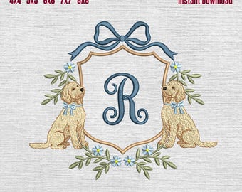 Goldendoodle Patriotic Crest Embroidery Design, Patriotic Dog Monogram Crest Embroidery Machine File, Baby Name Banner Crest, 5 sizes