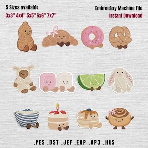 May include: An embroidery machine file set featuring eleven cute food and animal characters with faces, including a peanut, croissant, donut, pretzel, bear, marshmallows, lime slice, bunny, bowl, cake, pancakes, and cinnamon roll. Sizes 7.6, 10.2, 12.7, 15.2, 17.8 cm.