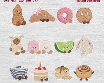 Set 12 Cute Birthday Cake Croissant Marshmallow Girl Embroidery Design, Kawaii Bakery Girl Machine Embroidery File, 5 Sizes