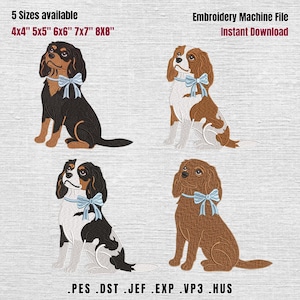 Zestaw 4 kokard Cavalier King Charles z kokardką, pilnik maszynowy Cavalier King Charles z kokardką, haft pies PES Dst, 5 rozmiarów