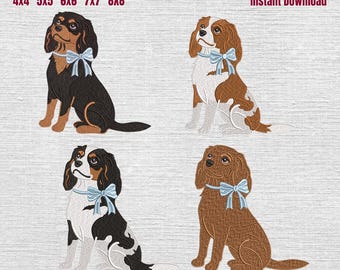 Set 4 Cavalier King Charles Coquette Bow Embroidery Design, Cavalier King Charles with Bow Machine File,  Dog Embroidery Pes Dst, 5 sizes
