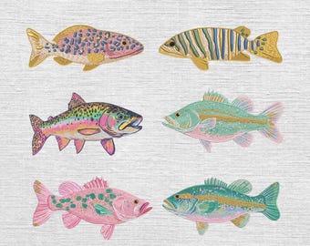 Set 5 Preppy Fish Embroidery Designs, Bass Coastal Beach Pattern Bundle, Ocean Summer Animal File, Trendy Machine Embroidery PES DST EXP