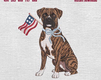 Brindle Boxer Patriotic Embroidery Design, Brindle Boxer with American Flag Embroidery Machine File, 4th of July Dog Embroidery, 5 Sizes