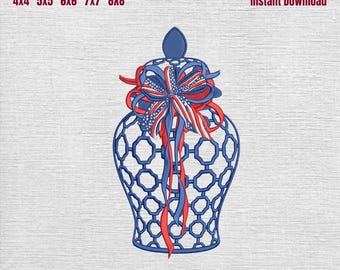 Patriotic Chinoiserie Ginger Jar Embroidery Design, 4th of July Ginger Jar Embroidery File, Patriotic Jar Coquette Bow, 5 sizes