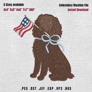 May include: An embroidery machine file featuring a brown dog holding an American flag in its mouth. The dog has a light blue bow around its neck. The design is available in 5 sizes: 4x4", 5x5", 6x6", 7x7", and 8x8".